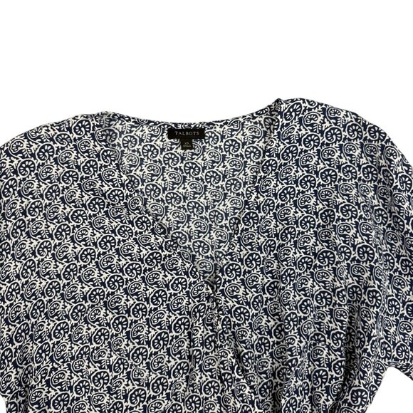 Talbots Wrap Blouse Womens XS Blue White Print Tie Waist 3/4 Sleeve Top - Picture 3 of 12